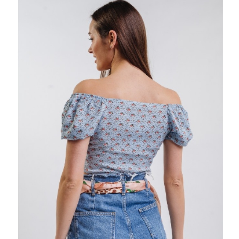 Off-the-Shoulder Blue Flowers Korte zomer shirt