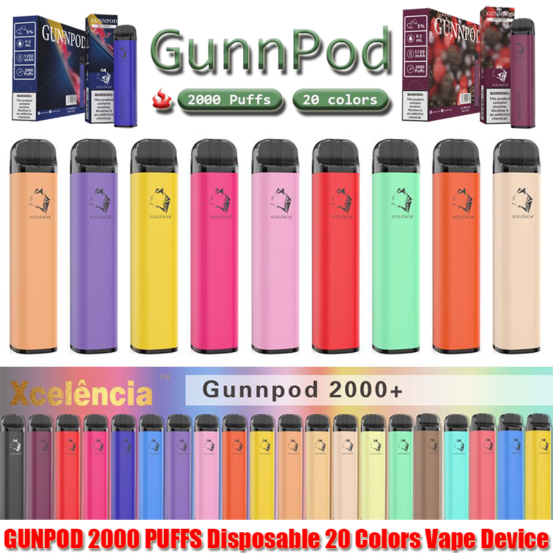 Gunnpod 2000 Puffs Pre-Filled Disposable Vape 1250mAh batterij E Sigaret Deivce 18350 8 ml Vaporizer Starter Kit vs Elf Bar 20 Flavs Pen Pod Bladerdeeg Gunpod