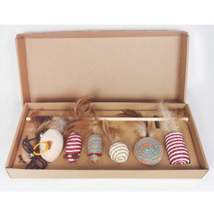 Huisdier houten staaf veer grappige katstok combinatie kat speelgoed set doos zeven stuk muis sisal bal funny cat artefact