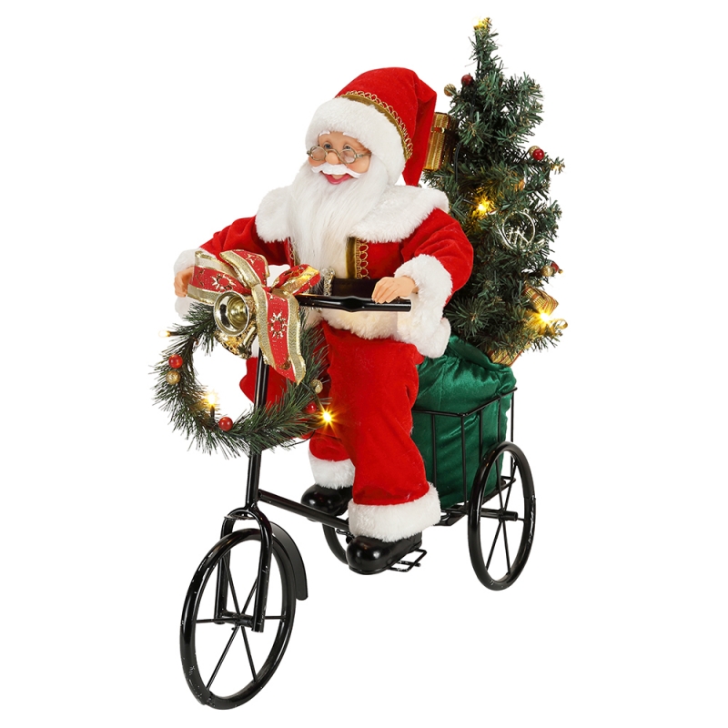 45 cm Santa Claus zittend op driewieler verlichting Kerst decoratie beeldje collectie stof vakantie festival aangepaste item