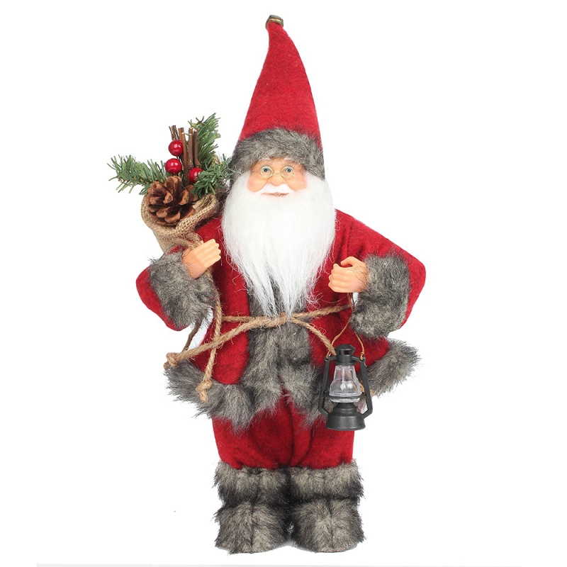 14 inch staande rode santa claus ornament decoratie beeldje met olielamp en dennenappel in tas Kerst vakantie festival