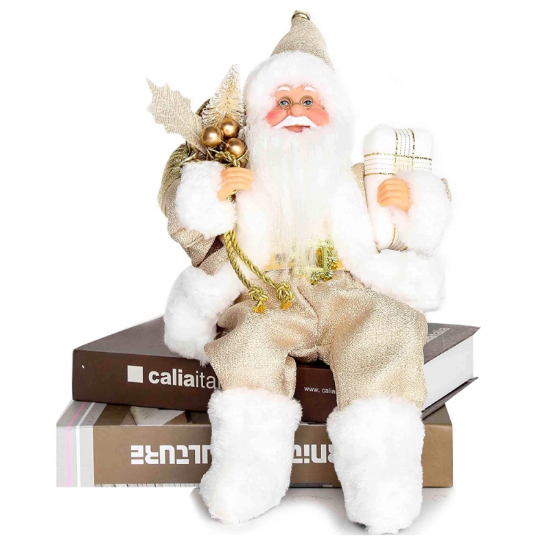 12 inch zitten gouden Santa Claus figurine met gift tas bladeren en doos dragen witte schoenen kerst vakantie decoratie