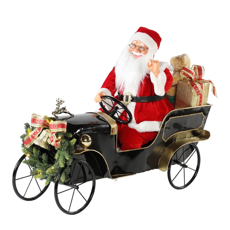 80cm Animated Christmas Car Santa Claus met verlichting Muzikale Ornament Decoration Holiday Figurine Collection Traditionele Kerstmis