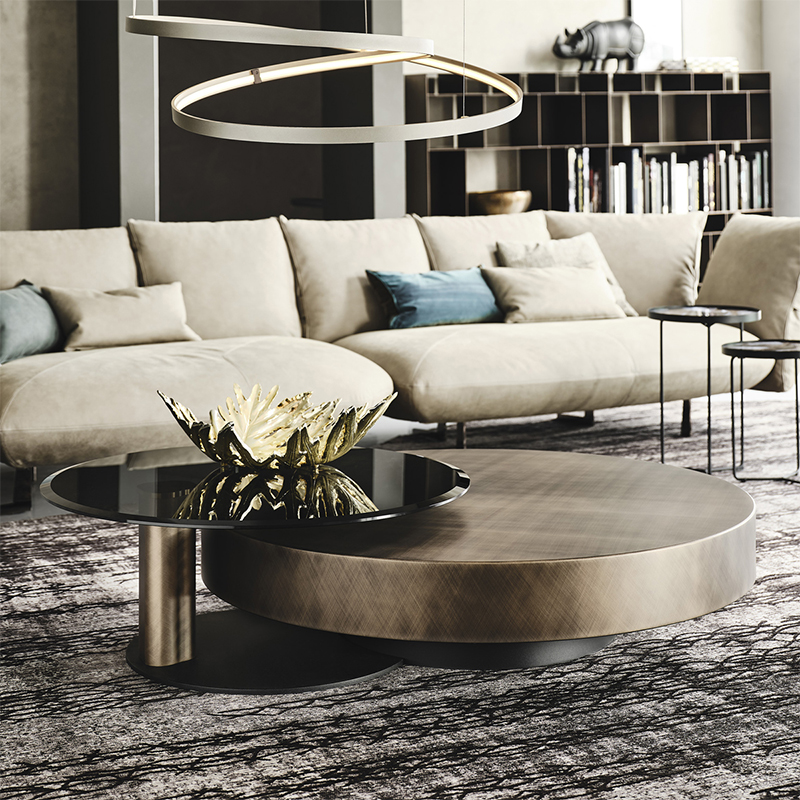 Italiaans ontwerp Moderne roterende glazen zijde Tabel Goud metalen roestvrijstalen luxe ronde salontafel set