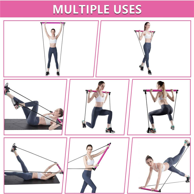 Pilates Bar Set, draagbare yoga -oefening pilatus stick met weerstandsband voetlus, fitnessapparatuur