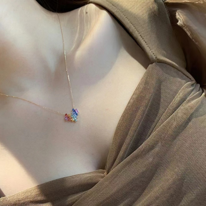 Tuochen Sieraden Nieuw 18k geel goud kleurrijke saffier regenboog hart ketting