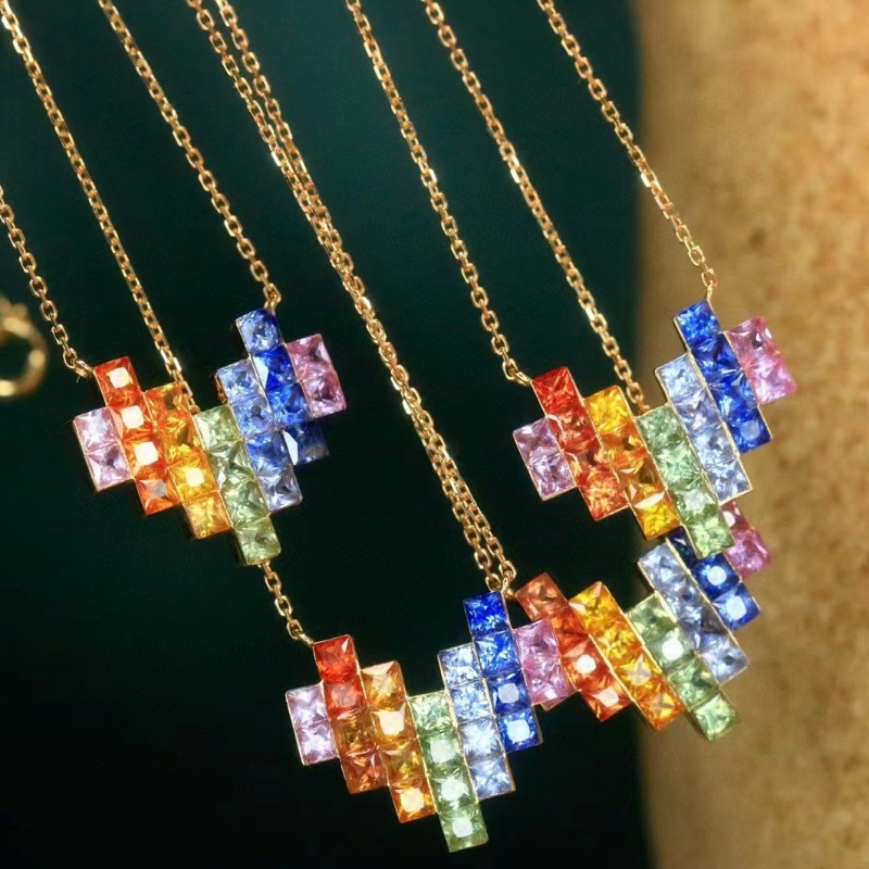 Tuochen Sieraden Nieuw 18k geel goud kleurrijke saffier regenboog hart ketting