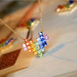 Tuochen Sieraden Nieuw 18k geel goud kleurrijke saffier regenboog hart ketting