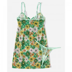 Lente bloemenprint cami tie boog voorste slip met sexy contrast string