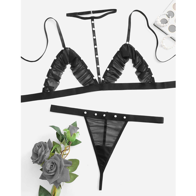 Harnas cupless uitgesneden franje franje lingerie set met sexy gaas string