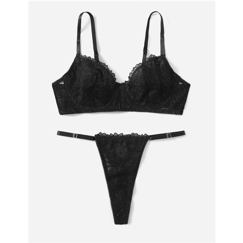 Black Frills Trim Lace Lingerie Set met sexy kanten string