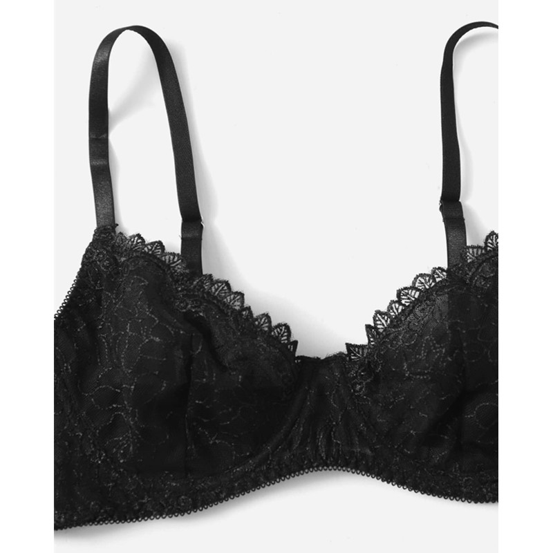 Black Frills Trim Lace Lingerie Set met sexy kanten string