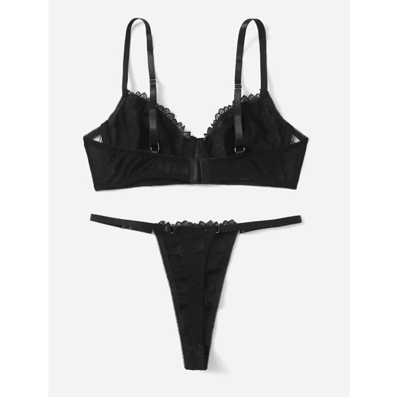 Black Frills Trim Lace Lingerie Set met sexy kanten string