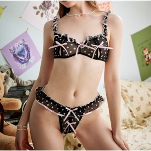 Schattige polka dot print kanten trim lingerie set met kleine boog voorkant