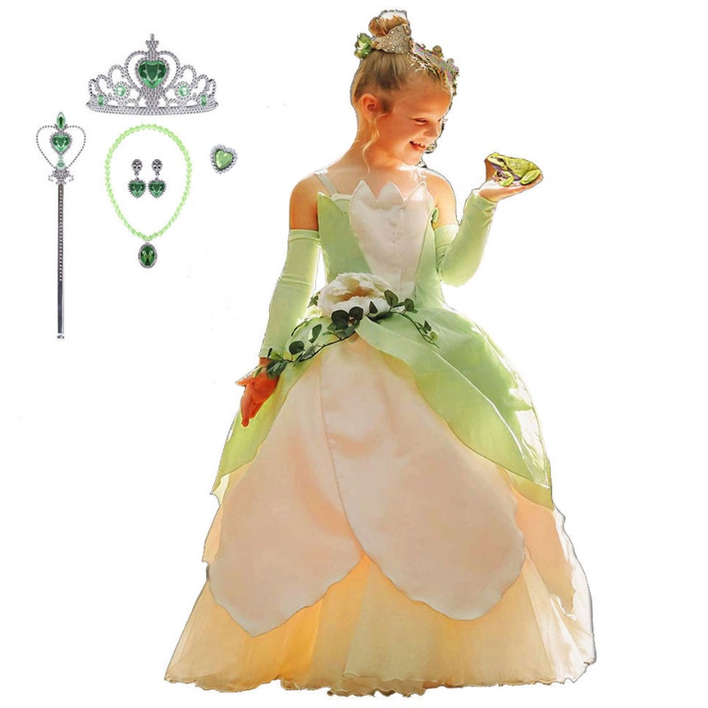 The Frog Princess Costume For Kids Girls Tiana Movie Cosplay Carnaval verkleed Princess Role Playing jurken