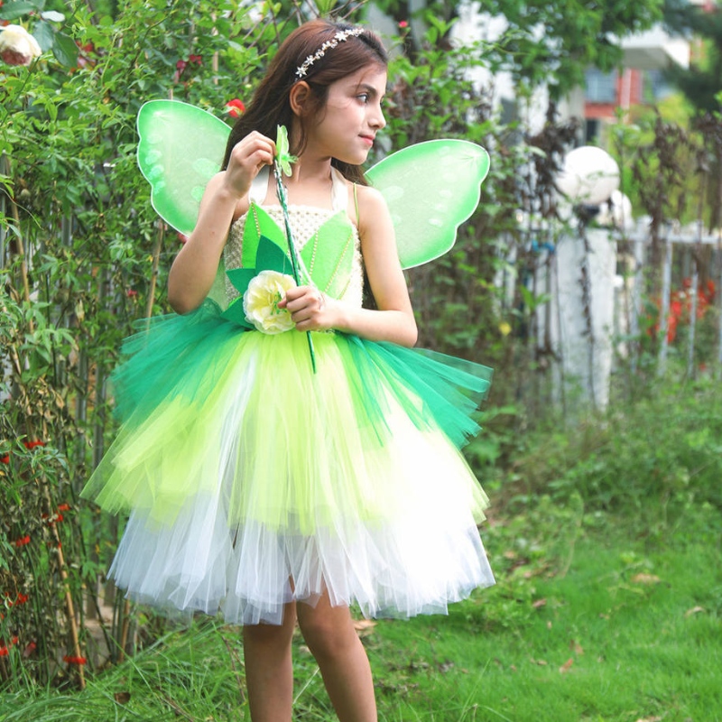 Halloween Cosplay Princess Baby Girls Party Green Flower Fairy Tinker Bell Dress Elf -kostuum met vlindervleugels Sets