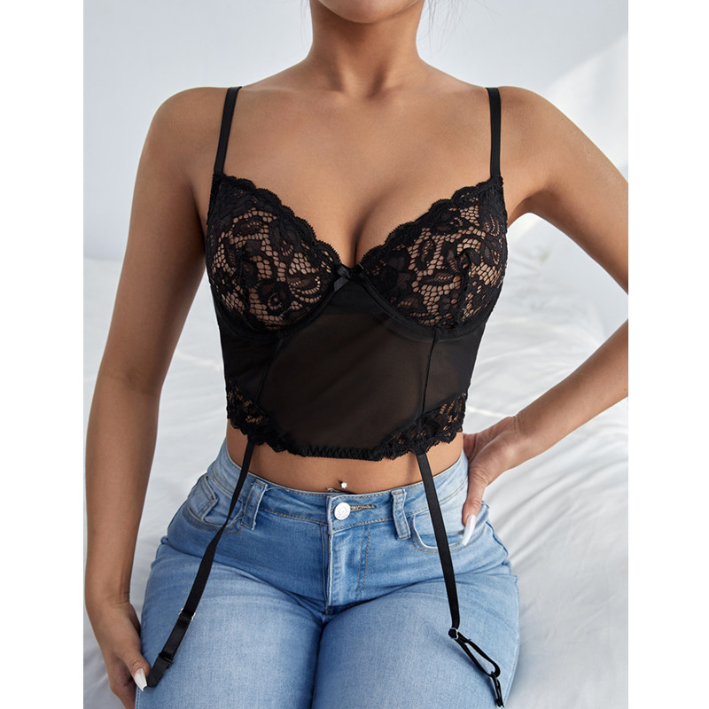 Vast contrast mesh pure kant cami top met één paar kousenband