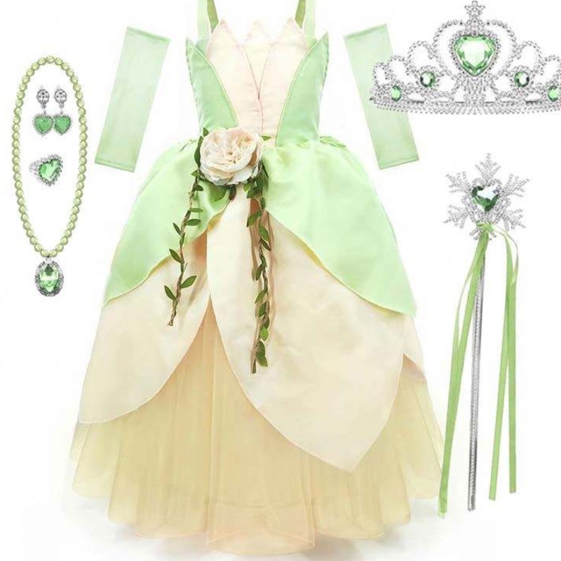 Child Birthday Party Halloween Fancy Ball Jurk Kleed de Frog Girls Princess Tiana-kostuum HCTB-006 aan