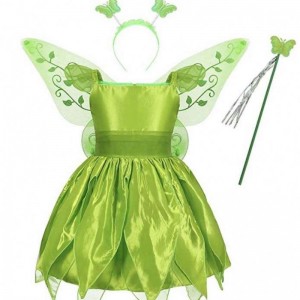 Toddler Kid Halloween Cosplay Birthday Outfits Set Dancing Butterfly Green Fairy Wing Tinker Bell Dress 2-10T HCTB-001