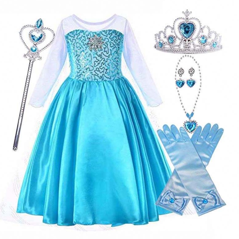 Snow Party Queen Halloween Kostuum Blue Sneeuwkoningin met lange mouwen Elsa-jurk voor meisjes met accessoires HCGD-006