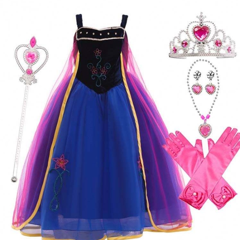 Girl Cosplay Snow Queen Princess Kostuum Anna Dress kostuum met Crown Wand Glove Accessories HCGD-010