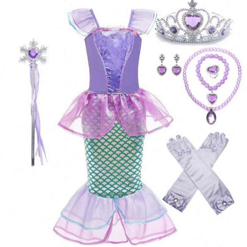 Kleed Party Little Girls Mermaid Princess Mermaid Kostuum Girl met handschoenen Crown Wand 3-10 jaar DGHC-028