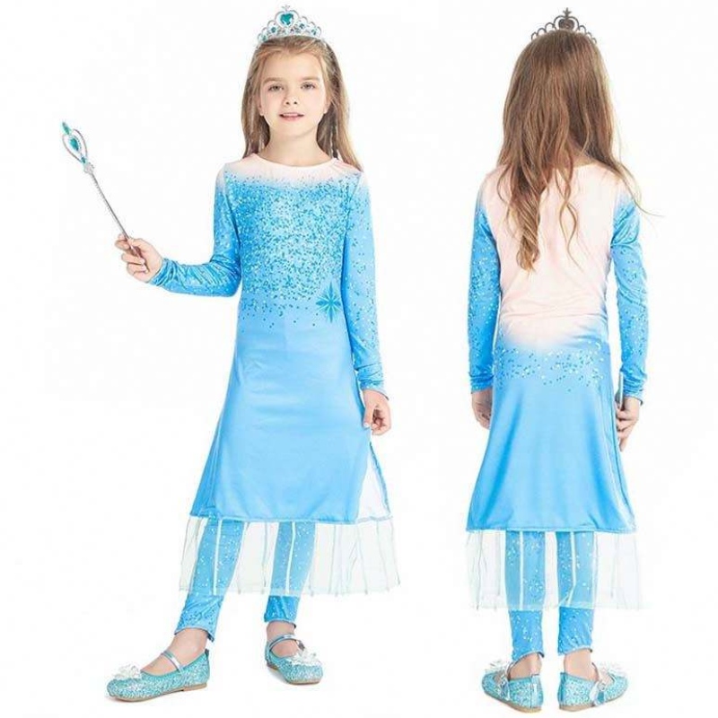 Princess Fancy Little Girls Long Dress Pants 2pcs Elsa Dress Cosplay met accessoires HCGD-021