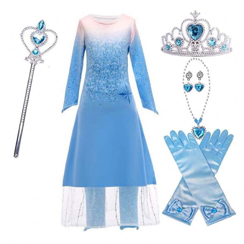 Princess Fancy Little Girls Long Dress Pants 2pcs Elsa Dress Cosplay met accessoires HCGD-021