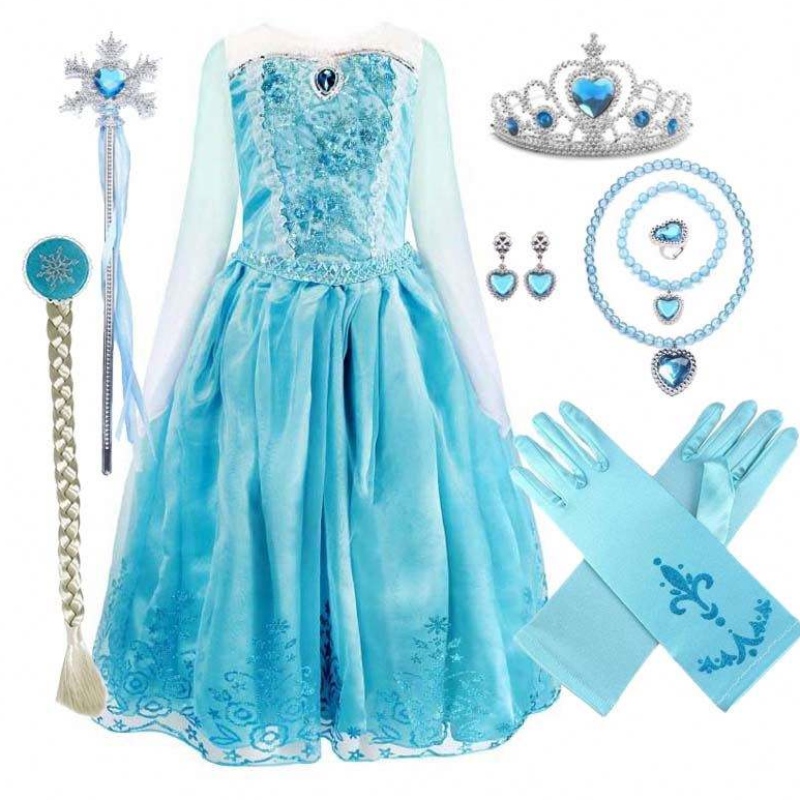 Kinderen Verjaardag Pageant Cosplay 2-10y Parnin Blue Long Sleeve Halloween Princess Elsa Dress Cosplay HCGD-039