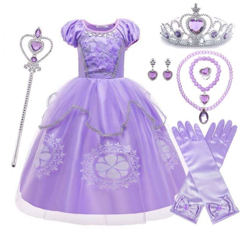 Fancy Party Purple Kids Puff Sleeve Princess Sofia Halloween-kostuum met accessoires HCRS-005