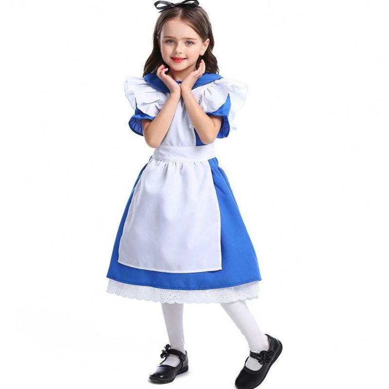 Meisjes Halloween ruche trim Tie taille blauw Alice in Wonderland Cosplay Kids met witte schort 4-12 jaar DGHC-070