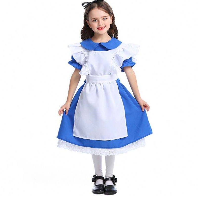 Meisjes Halloween ruche trim Tie taille blauw Alice in Wonderland Cosplay Kids met witte schort 4-12 jaar DGHC-070