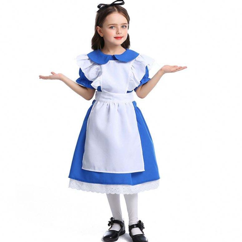 Meisjes Halloween ruche trim Tie taille blauw Alice in Wonderland Cosplay Kids met witte schort 4-12 jaar DGHC-070