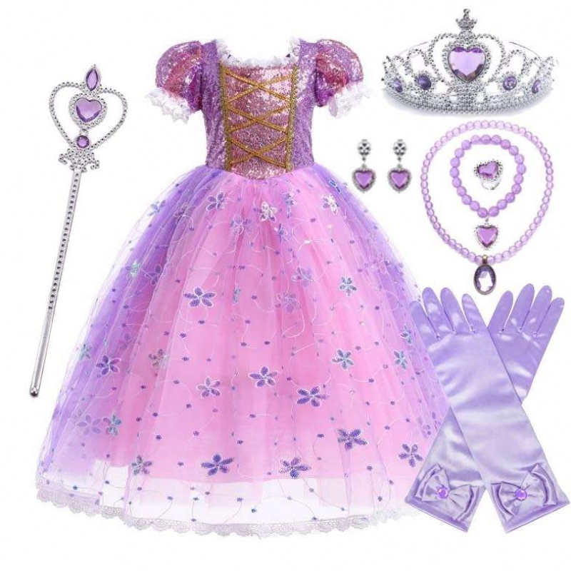 Girls Princess Kostuum Rapunzel Puff Sleeve Pasplay Cosplay Dress Purple met accessoires HCRS-007