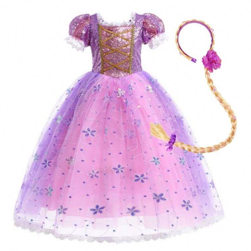 Girls Princess Kostuum Rapunzel Puff Sleeve Pasplay Cosplay Dress Purple met accessoires HCRS-007
