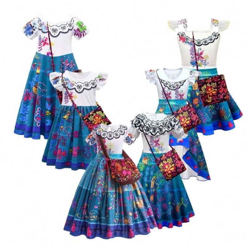 2022 Kinderen Encanto Madrigal Princess Skirts Outfits Blue Mirabel-jurk van Encanto met tas 100-160 cm HCIS-001