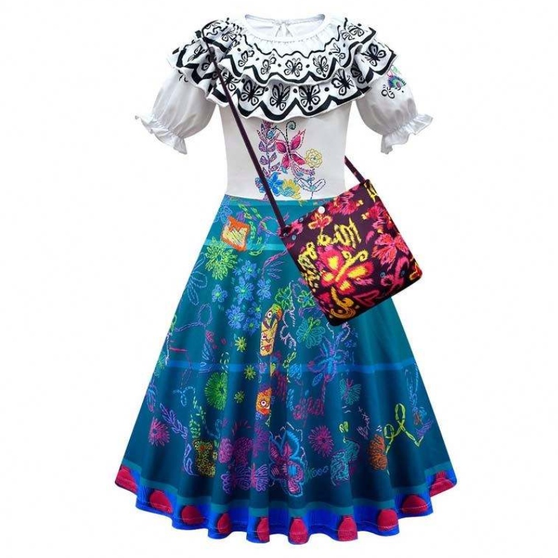 2022 Kinderen Encanto Madrigal Princess Skirts Outfits Blue Mirabel-jurk van Encanto met tas 100-160 cm HCIS-001