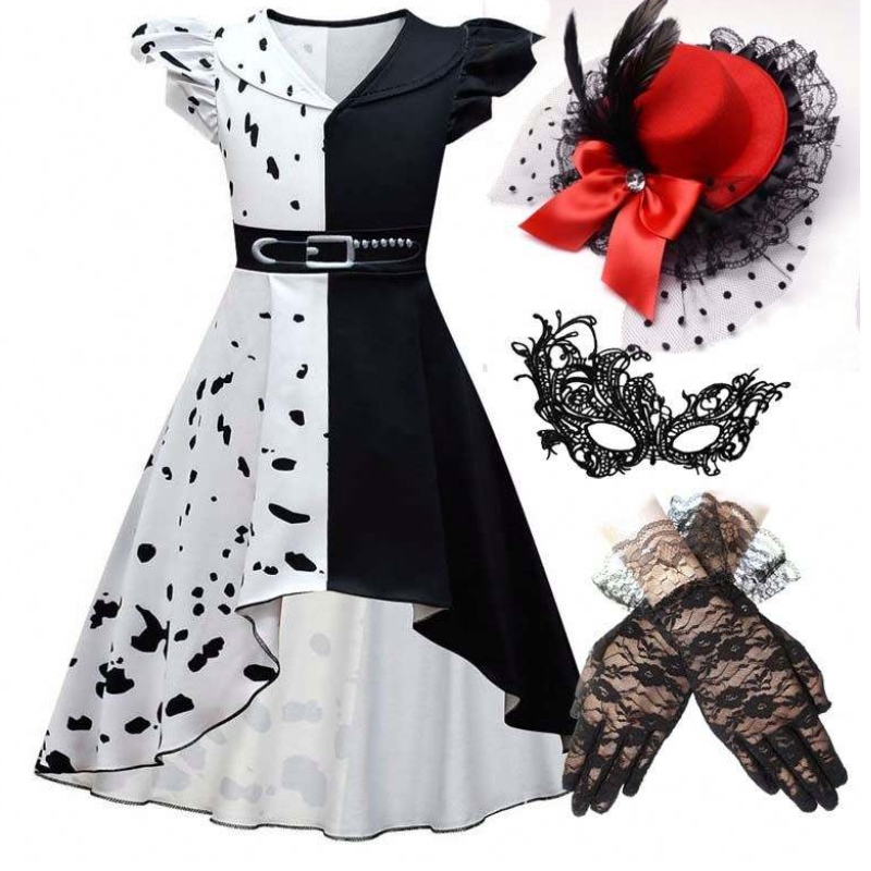 Halloween cosplay kostuum meisjes zwart witte rollenspel cruella kostuum volledige set dghc-141