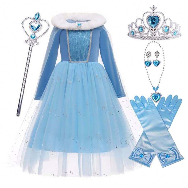 Halloween Cosplay Winter Warm Fancy Dress Up Elsa Dress Cosplay kostuum met Cape HCGD-045