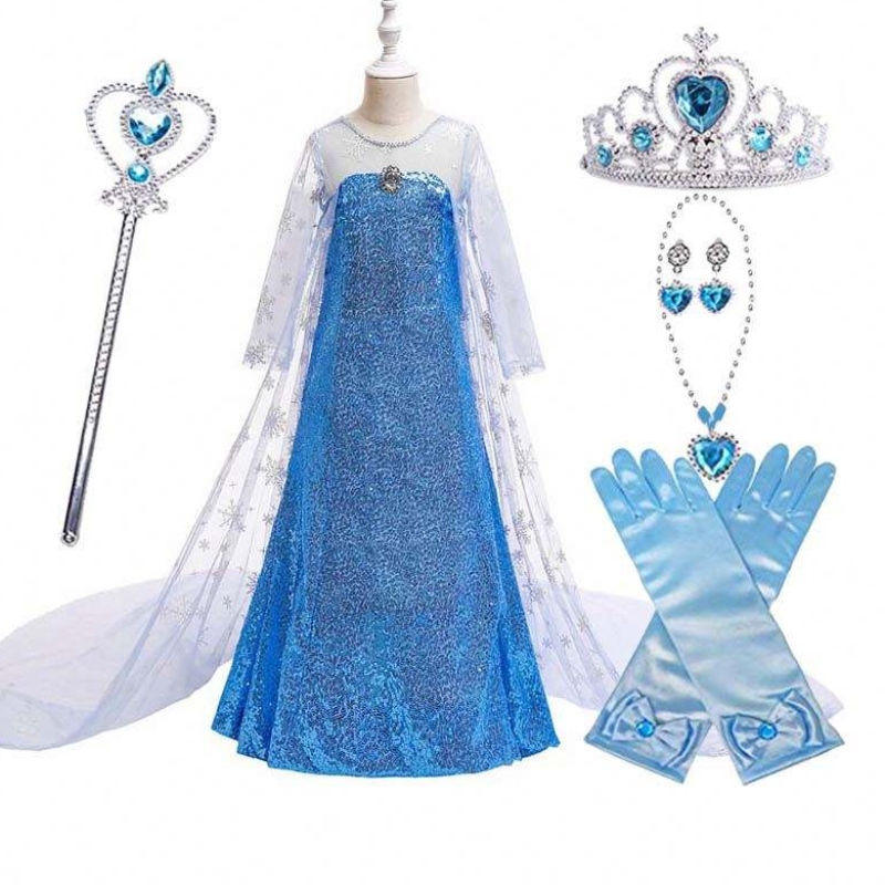 Kinderen Kostuum Little Girl Blue Dress Snow Queen Cape Princess Elsa Dress HCGD-047