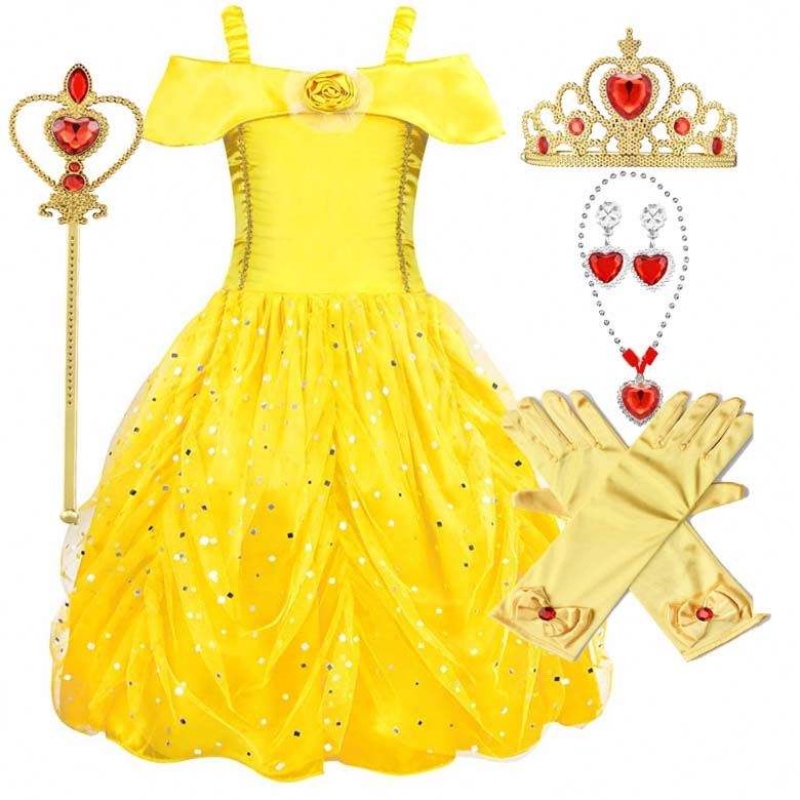 Fancy Halloween Kerstfeest Verjaardagsfeestje Carnaval Yellow Ballgown Princess Kleed Little Girl Belle-jurken HCBL-007