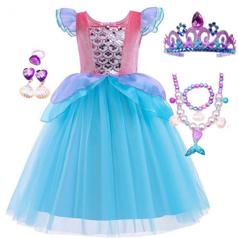 2022 Top Verkoop Halloween Child Princess Sequins Ariel Blue Dress Costume HCMM-012