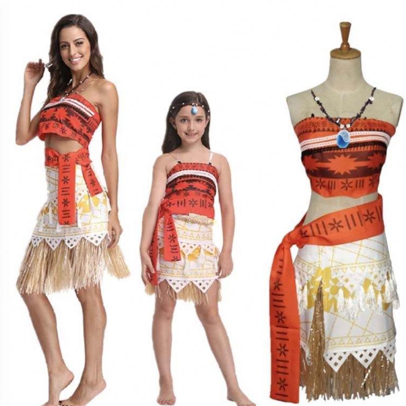 Halloween Party volwassen kinderen Cosplay Vaiana Princess Moana volwassen kostuumjurk met ketting HCMO-005