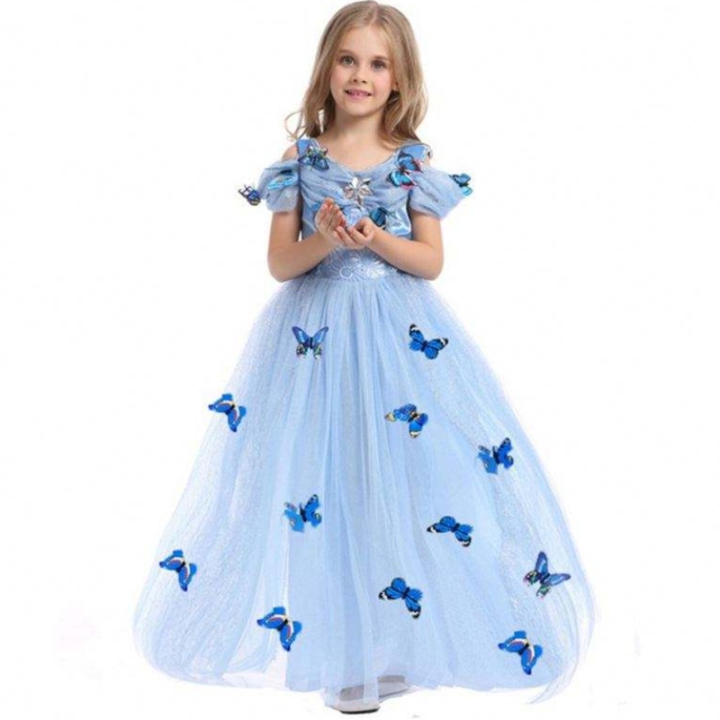 Groothandel Aurora Princess Jurk Sleeping Beauty Kostuum Girls Jurk met vlinder voor kinderen Korte mouwen kanten jurk