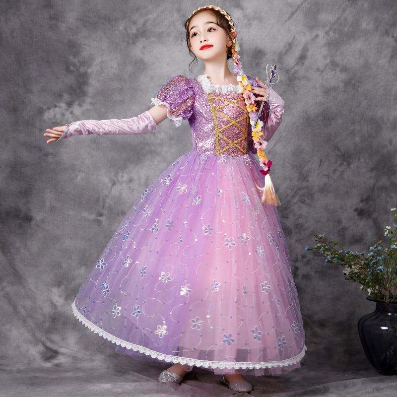 Baige Europese stijl Princess Dress Jurk Halloween Party Wear Rapunzel kostuum pluizige mesh japon