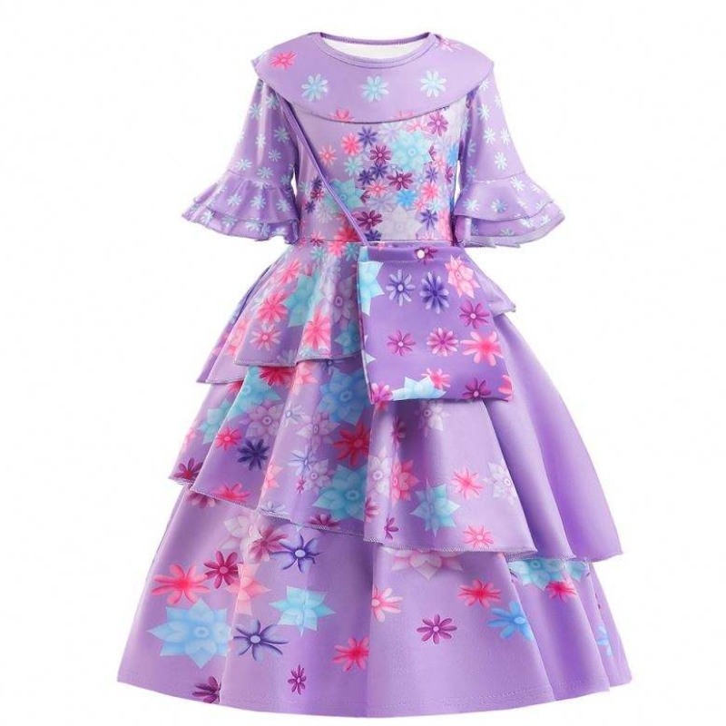 2022 Nieuwe mode Kids Encanto kostuum isabella Cosplay Flower Gedrukte Dagelijkse slijtage Jurk voor meisje met tas