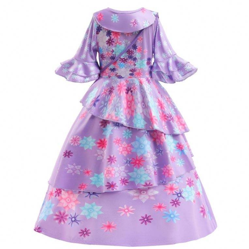 2022 Nieuwe mode Kids Encanto kostuum isabella Cosplay Flower Gedrukte Dagelijkse slijtage Jurk voor meisje met tas