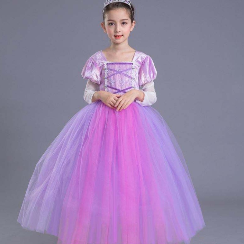 Groothandel van hoge kwaliteit kinderen Purple Rapunzel Long Puffy Sofia Princess Dress voor meisjes SMR020