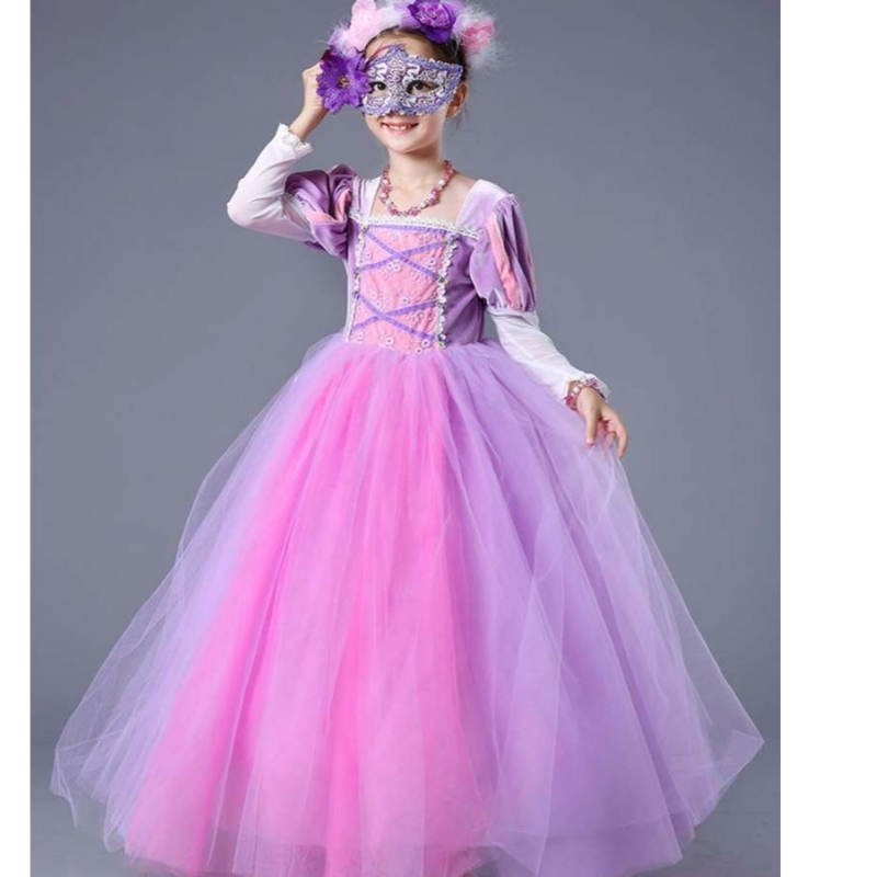 Groothandel van hoge kwaliteit kinderen Purple Rapunzel Long Puffy Sofia Princess Dress voor meisjes SMR020