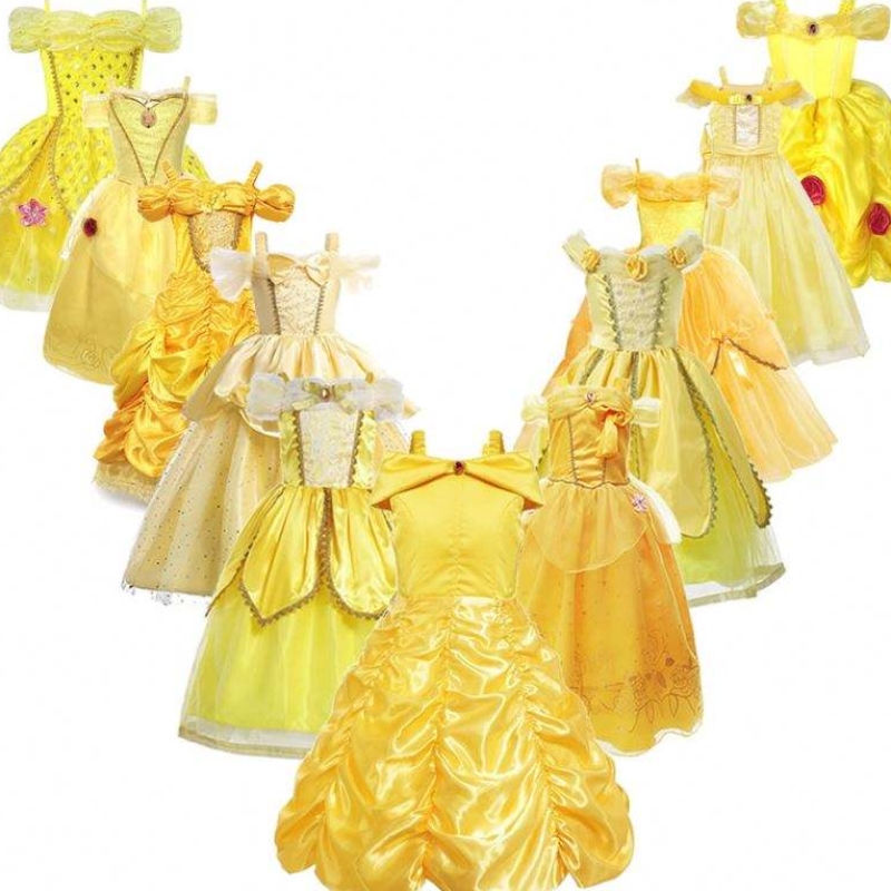 Meisjes belle prinses jurk kinderen belle cosplay kostuums babymeisje kleed jurk gele chique jurk voor peuter Halloween -feest
